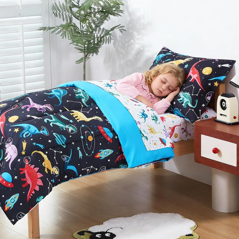 lasoftan Toddler Bedding Set, Toddler Bed Comforter Sets for Girls, Toddler Bed Set, Space Dinosaur Printed - Image 5